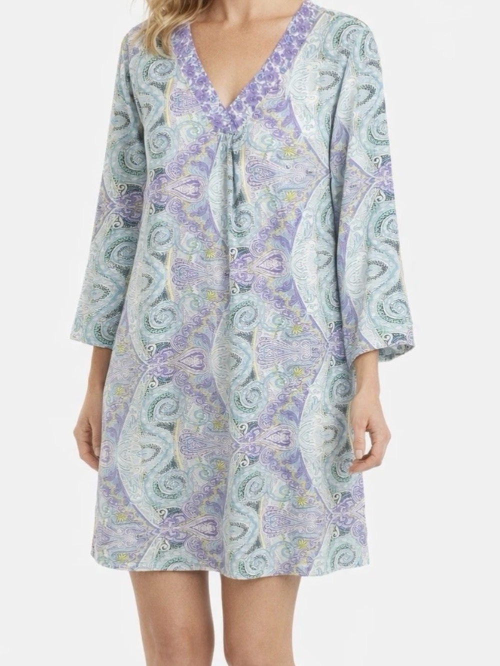 Miss Elaine Purple Blue Paisley Lightweight Pockets Kaftan Lounge Nightgown Sz M